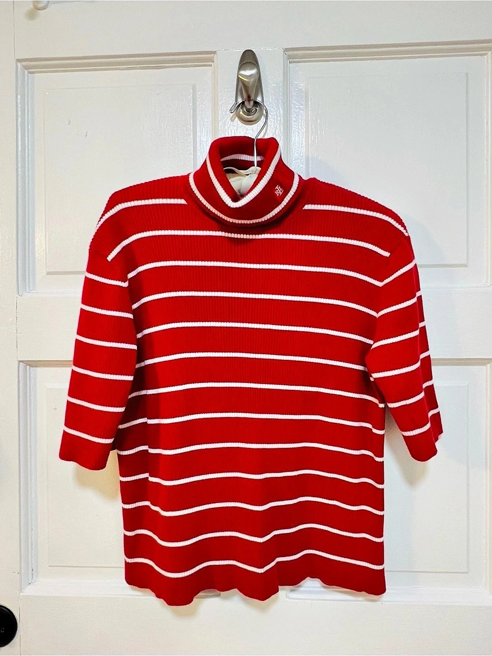 Lauren Ralph Lauren Striped Turtleneck Cotton Sweater in Red & White XL